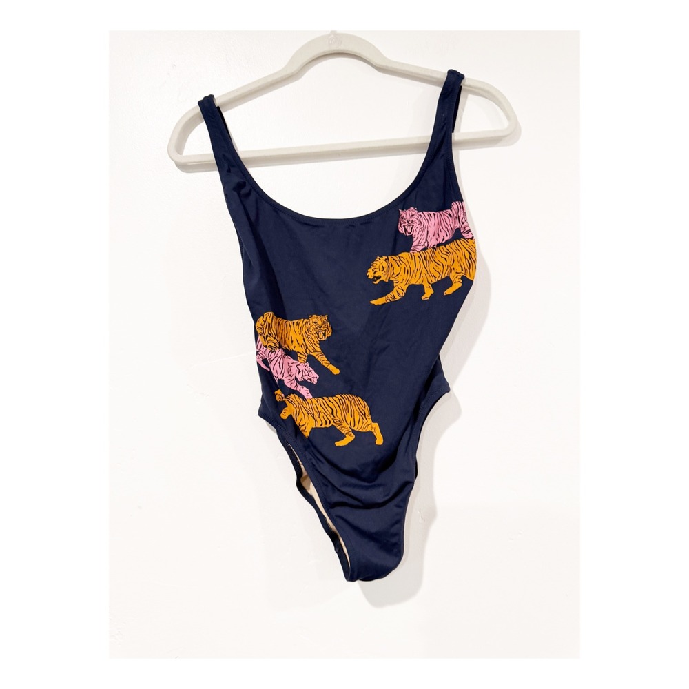 J.Crew Navy Blue Tiger Print One Piece Swimsuit Scoop Back Pink Orange Medium